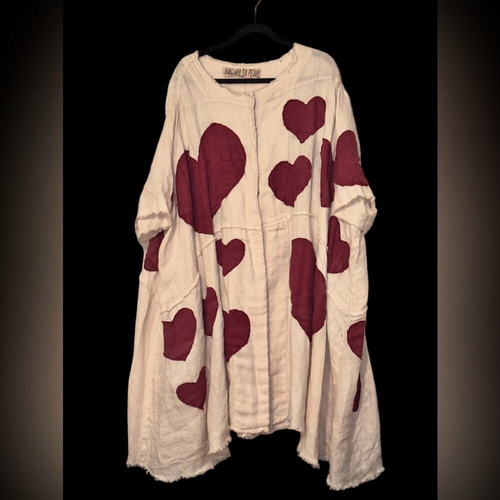 Magnolia Pearl Kimi Koat in Love ❤️ Linen Heart Appliqué Jacket, One Size, Rare - Picture 3 of 14
